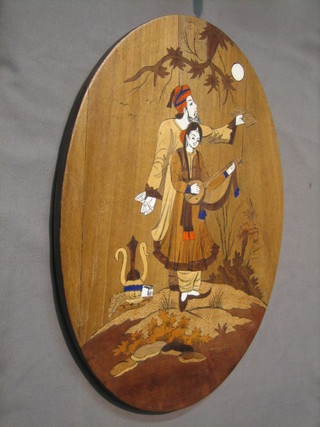 An  Eastern  oval inlaid hardwood panel  depicting  Minister  and Lady 16"