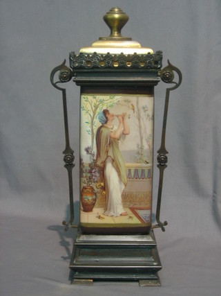 A  Victorian style porcelain urn decorated a classical figure  of  a lady with pipes, contained in a gilt mounted frame