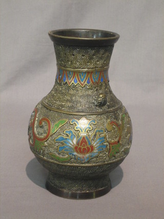 A  19th  Century  Japanese bronze and enamelled  vase  of  curve form, the base with seal mark 7"