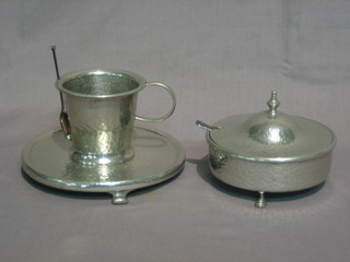 A  circular Craftsman pewter teapot stand 6", a  Unity  planished pewter  butter  dish 5" and an English pewter  preserve  dish  (no  liner)