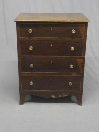 An unusual Georgian mahogany pedestal chest of 4 long drawers with ebony stringing and brass handles, raised on bracket feet 24"