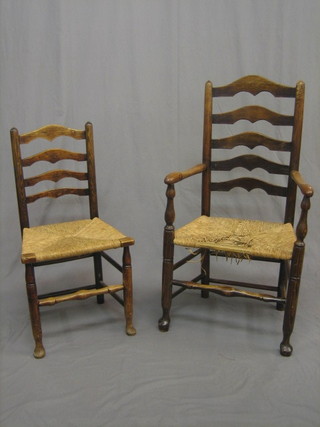 A  set  of  8  19th Century elm  ladder  back  dining  chairs  with woven rush seats (2 carvers, 6 standard)