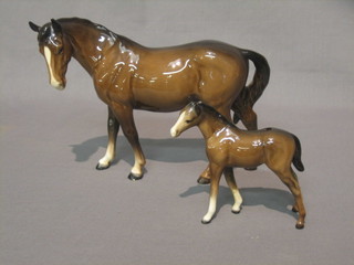 A  Beswick figure of a standing bay horse 7" (chip to  front  right hoof)  together with a Beswick figure of a bay foal 4" (right  hand leg f and r)