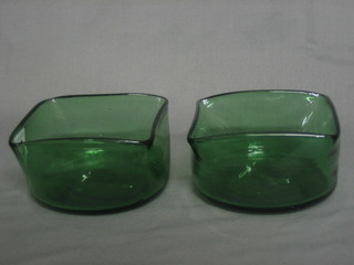 2 Whitefriars square green glass bowls 4"
