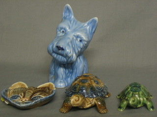 A  blue  glazed Wade Heath figure of a seated Scottie dog  4",  a Wade tortoise 4", 1 other Wade tortoise, a pin tray in the form of a cats mask 3"