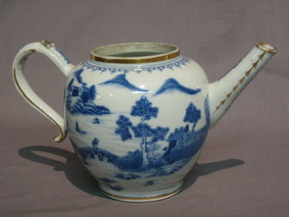 A   19th  Century  Oriental  blue  and  white  porcelain   tea   pot decorated landscape 5" (no lid)