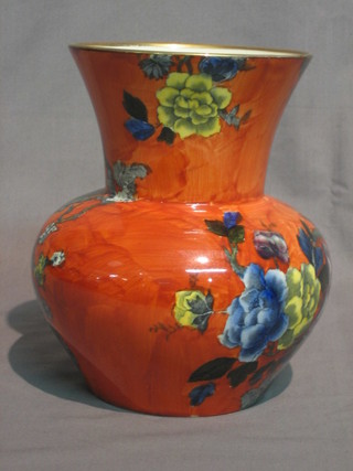 A  S. Hancock & Sons Corona Ware orange glazed  club  shaped Corea patterned vase 6 1/2"