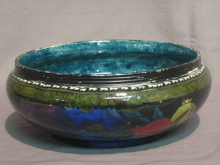 A S Hancock & Sons Rubens Ware blue glazed pottery fruit bowl decorated fruit 8"