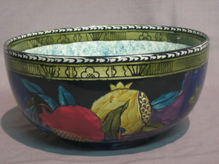 A  pair  of S Hancock & Sons Rubens Ware  pottery  bowls  with blue ground and fruit decoration 9"