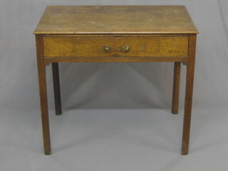 An 18th/19th Century oak writing table fitted a drawer and raised on square tapering supports 35"
