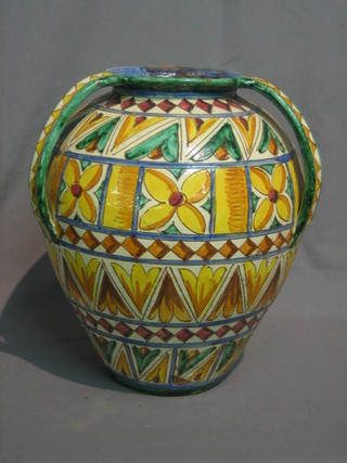 An  Italian Majolica style 3 handled vase, the base  marked  1190 Madin 15"