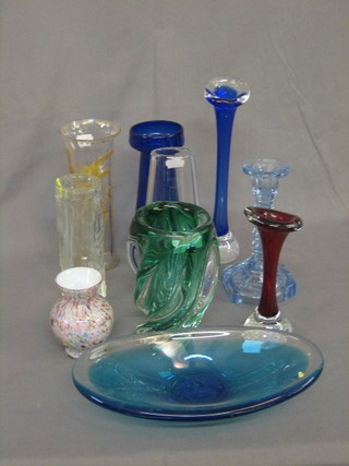 A  green  Art Glass vase 6", a blue boat shaped bowl  10"  and  a collection of various glassware