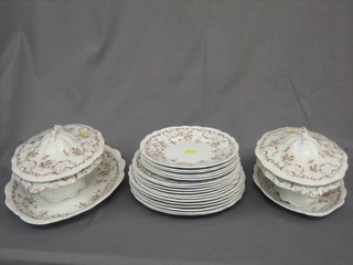 A   22   piece   Royal  China   Alton   patterned   dinner   service comprising 14" twin handled meat plate, 11" ditto, 2 10"  tureens and covers, 6 10" circular plates, 6 9" side plates, 6 8" tea  plates (2 chipped)