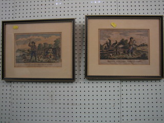 W Davison  Elkin, a set of 3 18th/19th Century coloured hunting prints  "The London Sportsman Shooting Flying",  "The  London Sportsman    Making   Game"   and   "The   London    Sportsman  Recharging"  (slight  foxing)  6 1/2" x 9"  contained  in  Hogarth frames