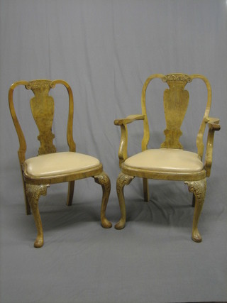 A   set of 6 Queen Anne style bleached walnut splat  back  dining chairs (2 carvers, 4 standard)