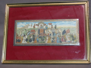An  Eastern  watercolour  on ivory  panel  "Court  Caravan  with Elephants, Courtiers, Figures etc" 3" x 6"