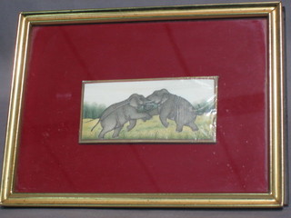An Eastern miniature watercolour on ivory panel "Two Charging Elephants" 2" x 4"