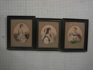 3 19th Century coloured prints "Child, Standing Lady and  Baby" 10" oval
