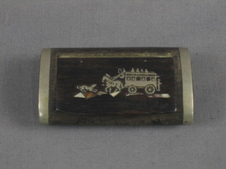 A 19th Century wooden and inlaid metal snuff box decorated a horse omnibus 3"