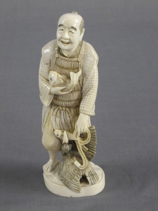 A fine quality 19th Century Japanese carved ivory figure of a fisherman, the base with signature mark, 8"