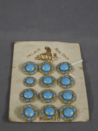 12 gilt metal and turquoise blue enamel buttons