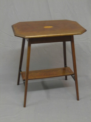An Edwardian lozenge shaped inlaid mahogany 2 tier occasional table, raised on square tapering supports 24"
