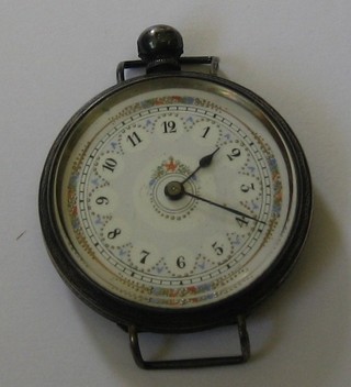 A lady's silver fob watch with enamelled dial and Arabic numerals converted for use as a wristwatch by A Collins, High Street, Redhill