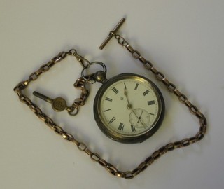 An open faced pocket watch by C Pason of Redhill contained in a silver half hunter case hung on a gilt metal chain
