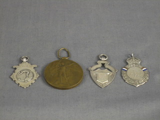 A British War medal to 1239 Pte. L Press 2nd Canadian Division HQ and 3 silver watch chain medallions