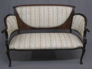 An inlaid mahogany show frame open arm 2 seat sofa, upholstered in Regency stripe and raised on cabriole supports 51"