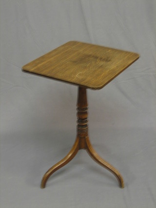 A Victorian bleached oak rectangular snap top wine table, raised on a pillar and tripod base 18"