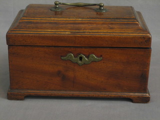 A Georgian rectangular mahogany tea caddy with hinged lid and brass swan neck drop handle, raised on bracket feet 8 1/2"