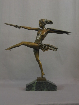 A modern Art Deco style bronze figure of a standing female warrior with sword and shield, 20", raised on a green marble base