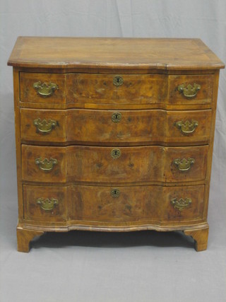 A Queen Anne style, serpentine fronted, walnut chest of 4 long drawers with crossbanded top, raised on bracket feet 32"
