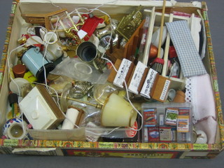 A box containing a collection of miniature dolls house fitments etc