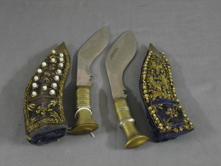 2 decorative Indian Kukris with embroidered scabbards 10"