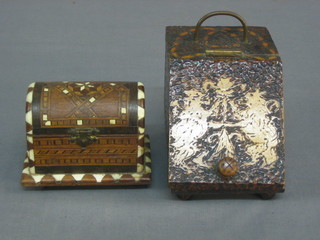 A miniature wooden coal box with poker work decoration 5" and an arch shaped Eastern trinket box 3"