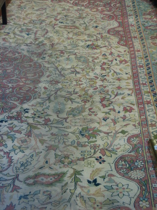 A fine quality 19th/20th Century Persian carpet with cream multi-row borders, some wear and patched to the centre 188" x 134"