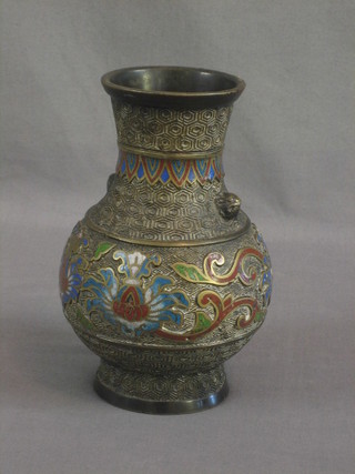 A 19th Century Japanese bronze and enamelled vase of curved form, the base with seal mark 7"
