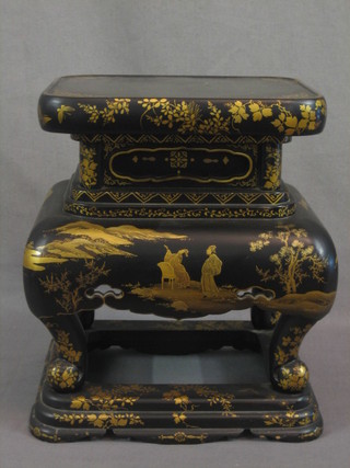 A handsome 19th Century square Oriental lacquered urn stand decorated a figure amidst a landscape 12"