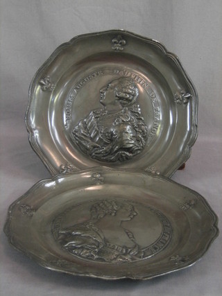 A pair of 18th/19th Century embossed pewter plaques decorated Louis Auguste Dauphin du France 10" Mary N. Ant Archi 10"