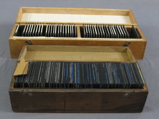 A collection of various black and white photographic slides, contained in 2 boxes