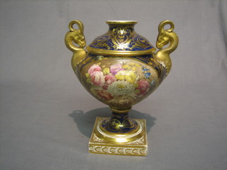 A Derby twin handled vase with floral decoration, (heavily f and r) 9" high