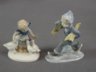 A Continental porcelain figure group of a girl with geese, 4" and a do. group boy with geese 5"