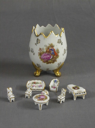 A Limoges egg shaped vase 4", a miniature model of a piano, a sofa, armchair, footstool, table and 3 chairs