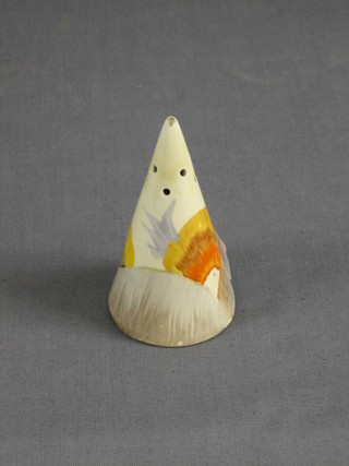 A Clarice Cliff Rhodanthe pattern conical pepper pot 3" (no mark to base and chip to top)