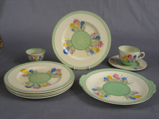 A Clarice Cliff Spring Crocus pattern circular twin handled bread plate 9" (some contact marks) together with a do. sugar bowl 3", 5 tea plates 9" (3 damaged), a tea plate 6" (chipped) and a tea cup
