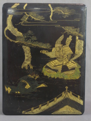 A 19th Century Oriental black lacquered rectangular box, decorated a seated warrior, 16" x 12"