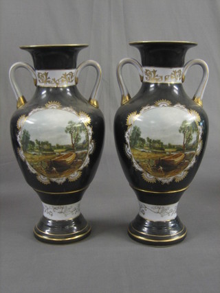 A pair of reproduction 19th Century porcelain twin handled vases 15"