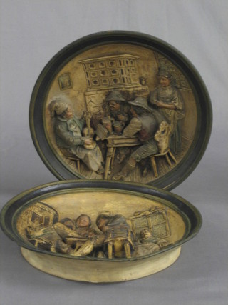 2 19th Century terracotta porcelain plaques depicting tavern interiors, the bases marked 1328 10"